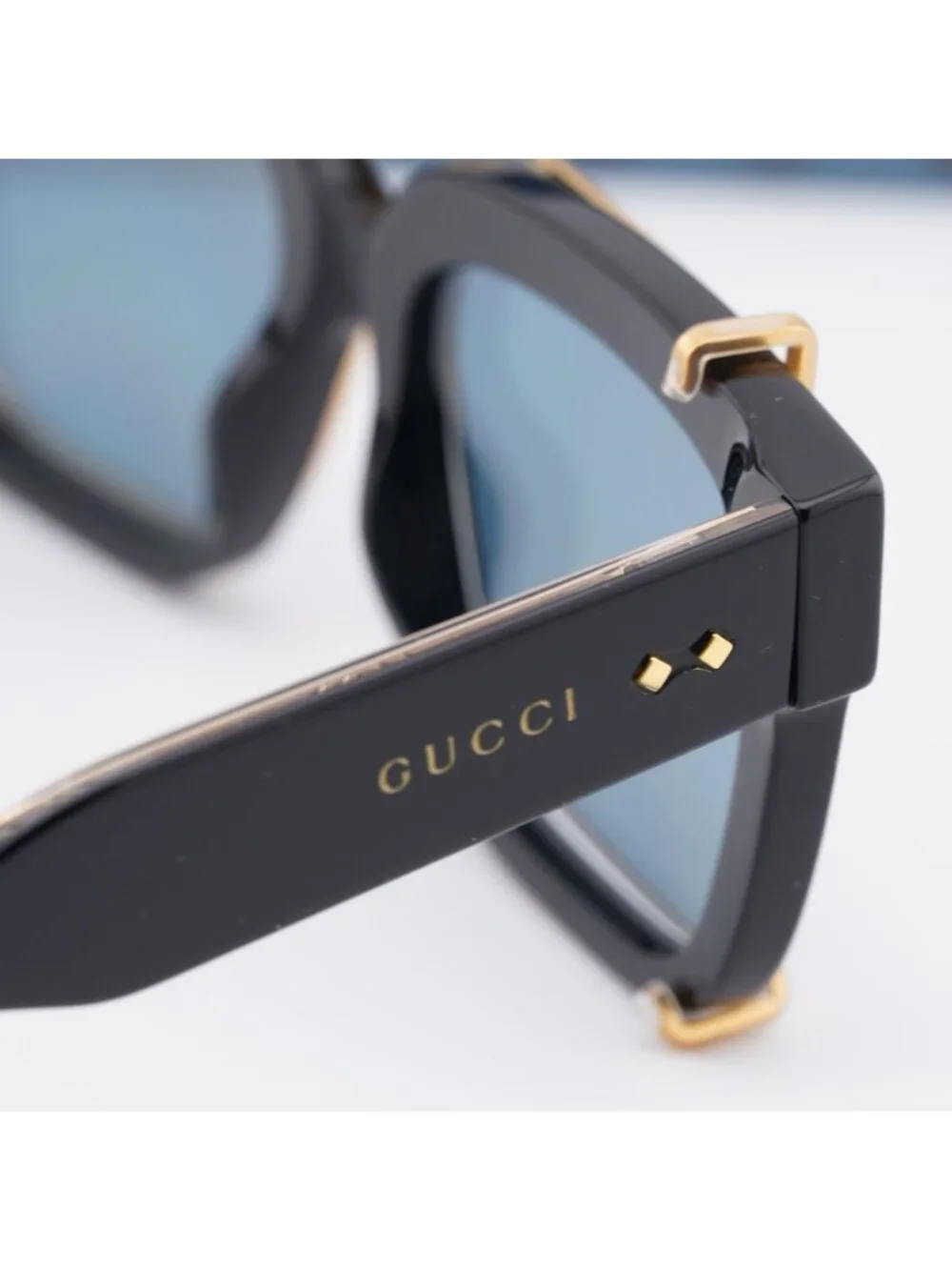 Gucci GG1084S 005 Square Sunglasses - Black / Gold / Light Blue Clip-On